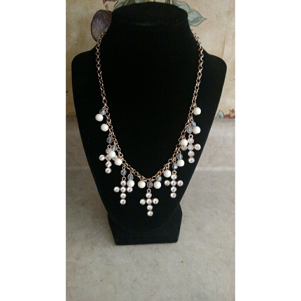 New Gold Tone Cream Dangle Cross Necklace